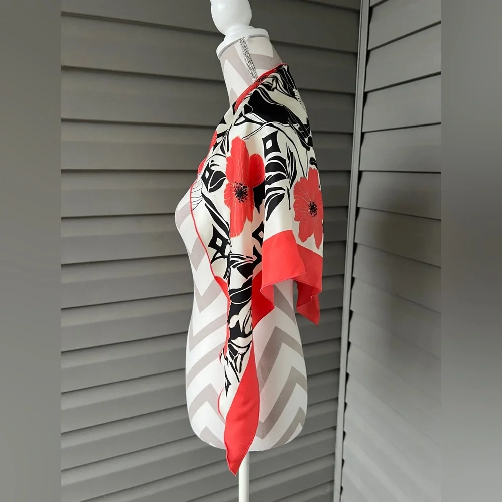 TANNER Floral Orange Black Cream Triangle Silk Scarf Sz 36”x36”x60”